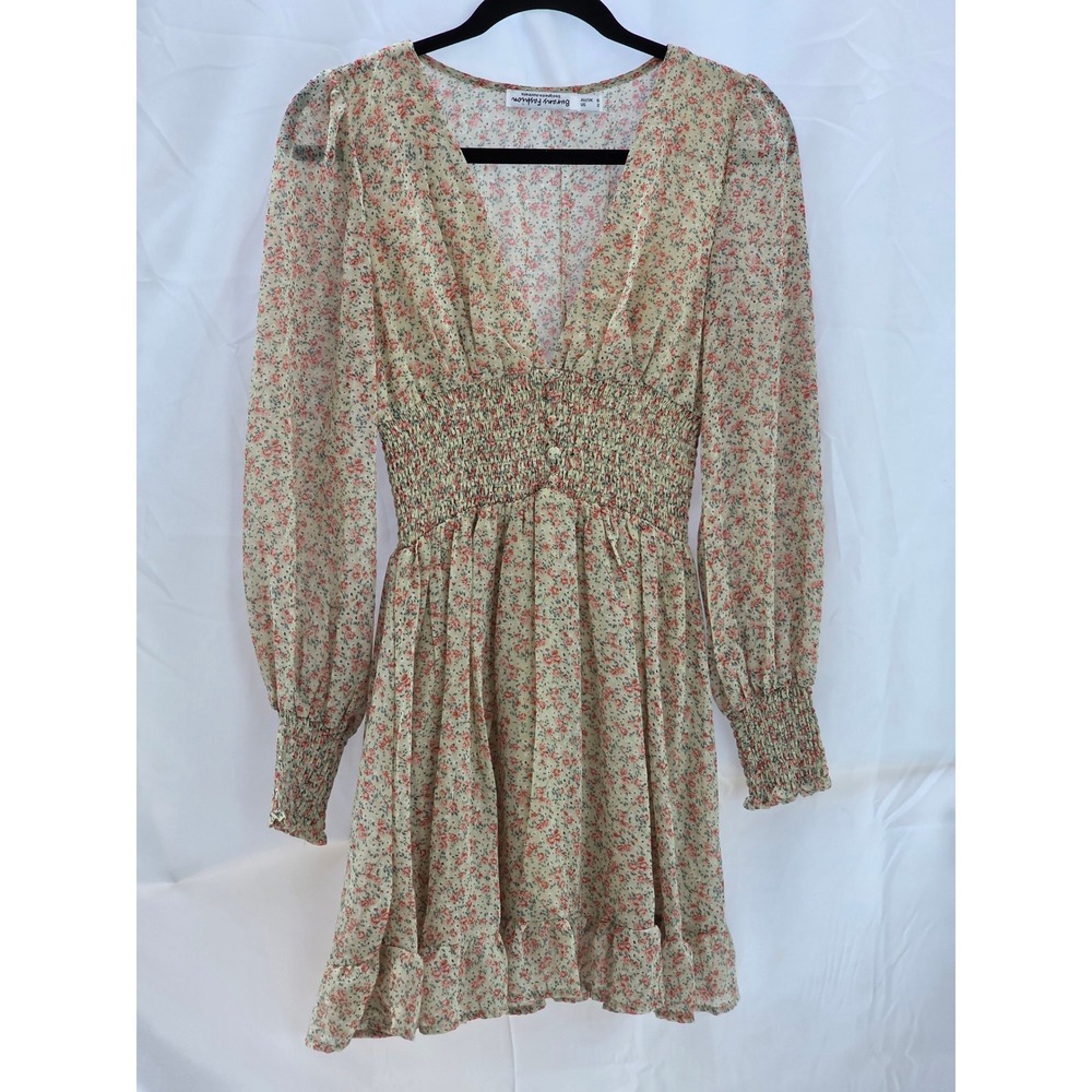 BuranS Fashion Floral Chiffon V-Neck Smocked Mini Dress Pink Cream Size 2